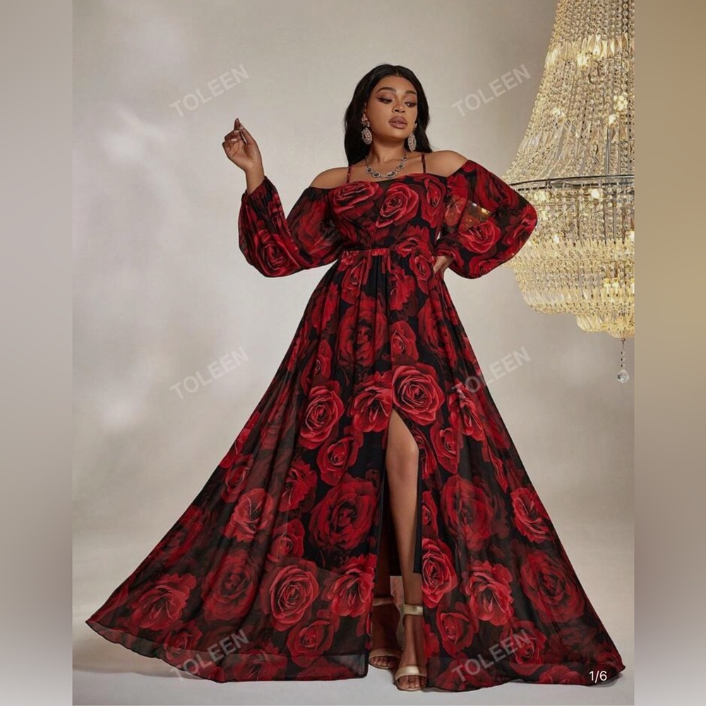 Elegant Red Floral Women's Dress